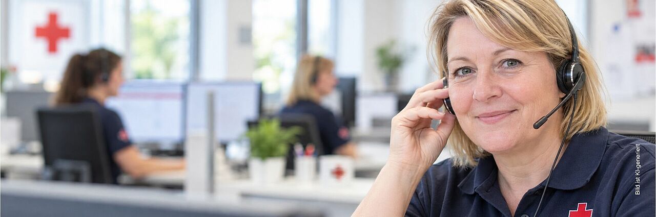 Kontakt zum DRK Frau mit Headset in einem DRK-Poloshirt sieht in die Kamera